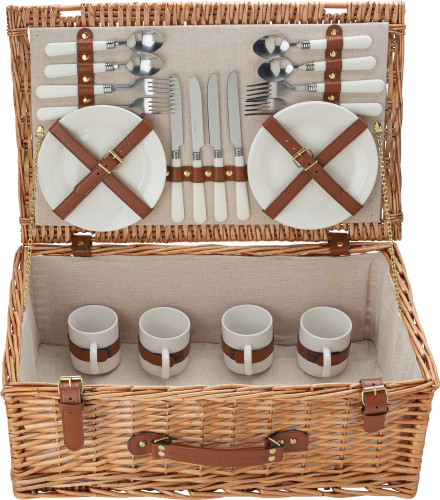 4 Person Traditional Picnic Basket Gift Hamper Wicker Willow Cutlery Plate  Glass